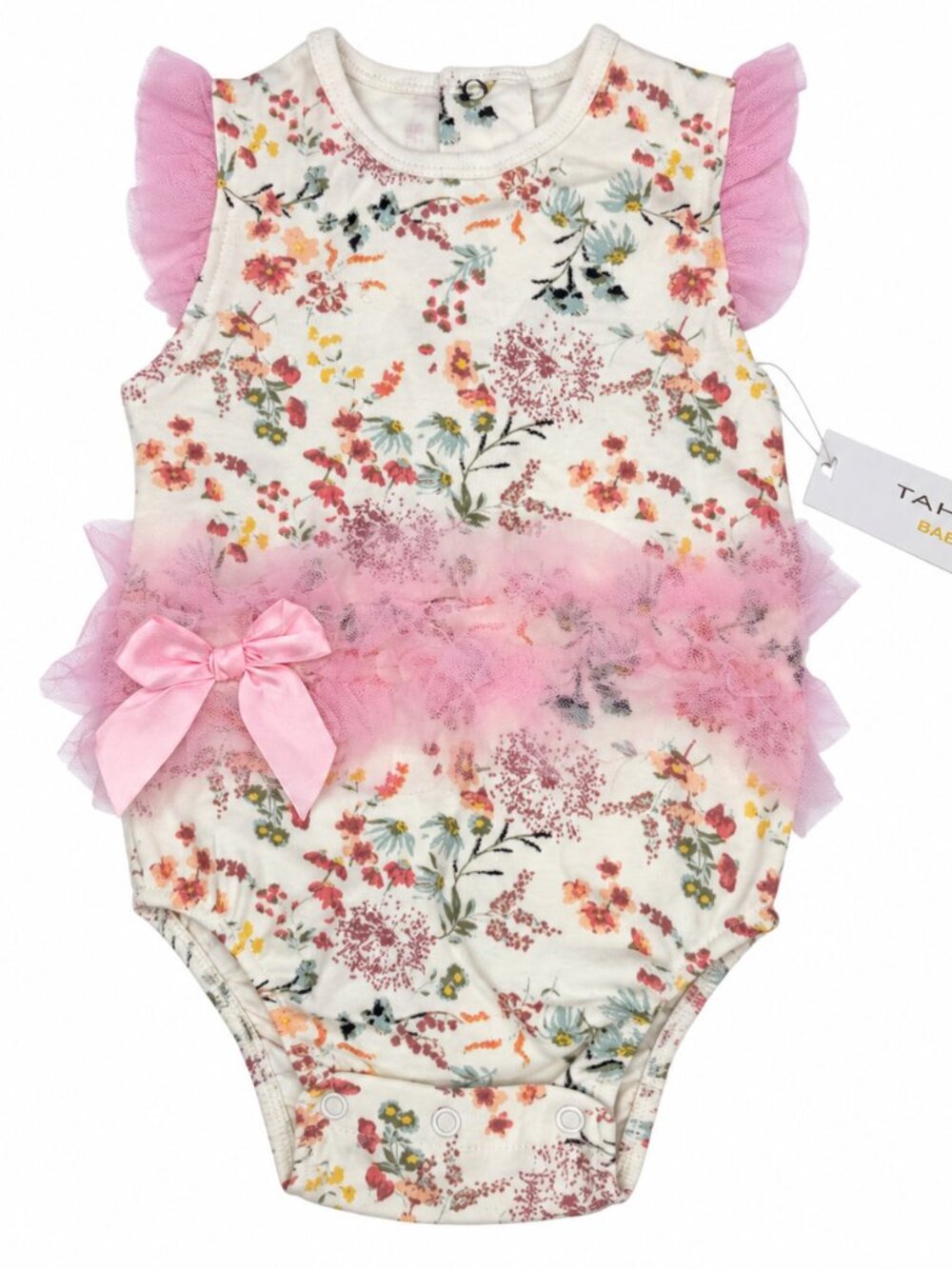 Tahari Baby Girl Floral Tulle Ruffle Romper Bodysuit 6–9M Pink Bow NWT